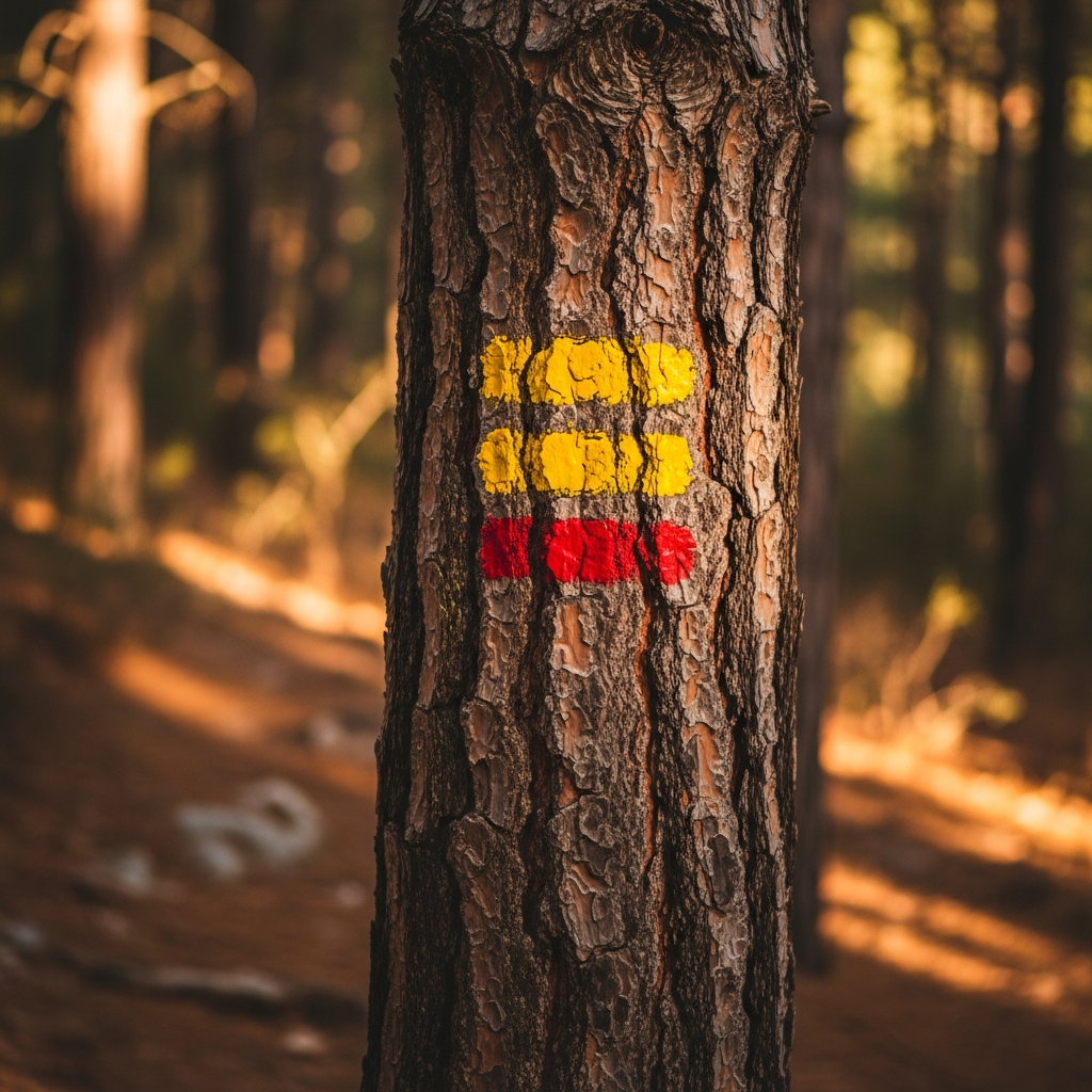 Bir çam ağacı gövdesine boyanmış likya yolu orjinal sarı ve kırmızı yol şeridi
