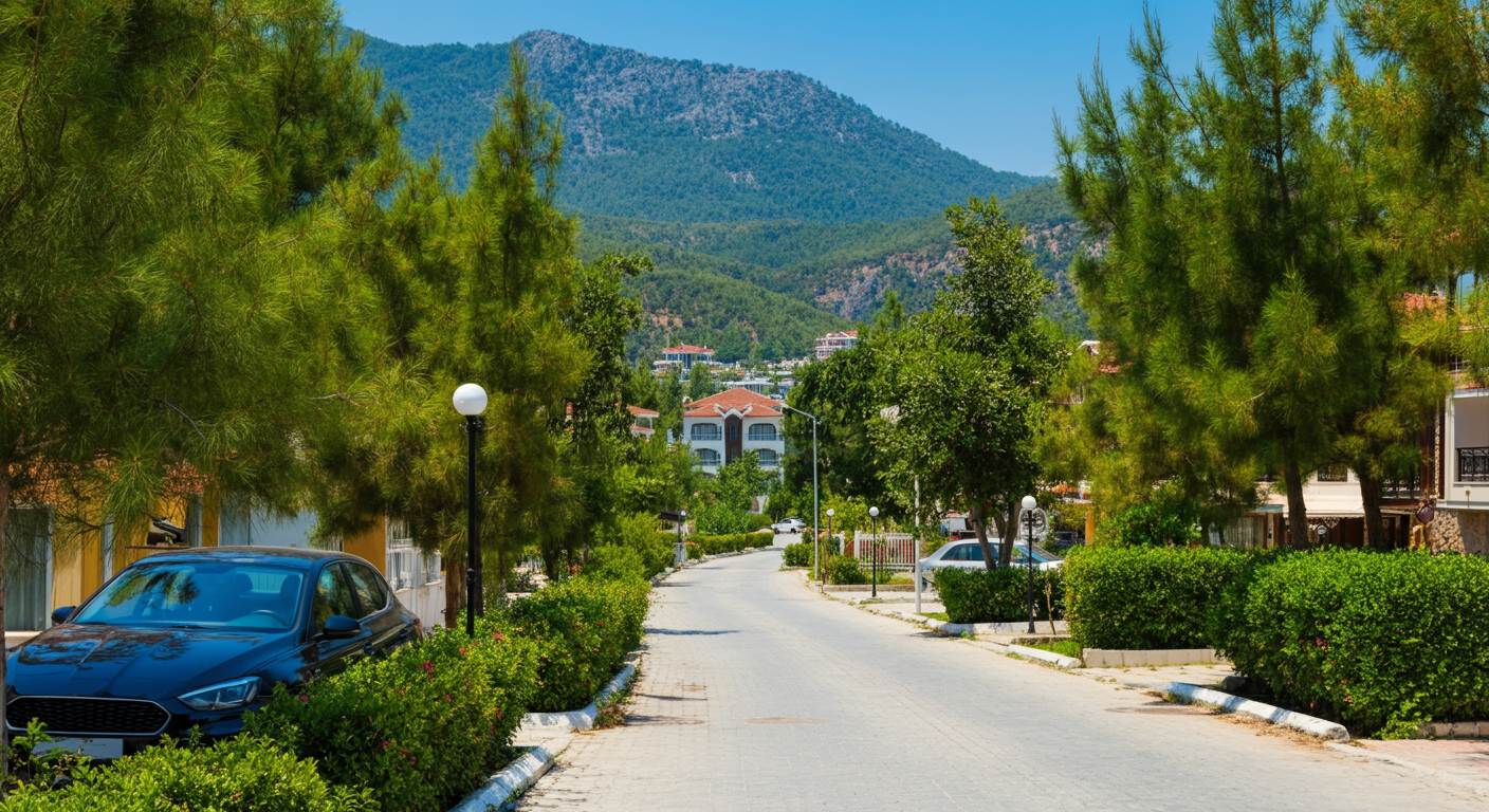 A typical street view in Armutalan, Marmaris. Residential holiday area, green trees, mountain backdrop. Quiet afternoon. Authentic travel photo. Realistic.