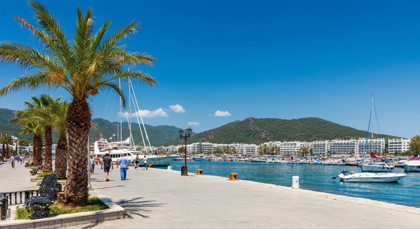 Marmaris seafront promenade with palm trees, boats in the marina, and people walking. Sunny holiday atmosphere. Authentic resort photography.