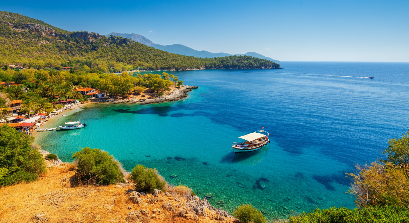 View of Turunc bay from above. Small boat in turquoise water. Peaceful cove surrounded by green hills. Authentic scenic photo. Bright daylight. No heavy editing.