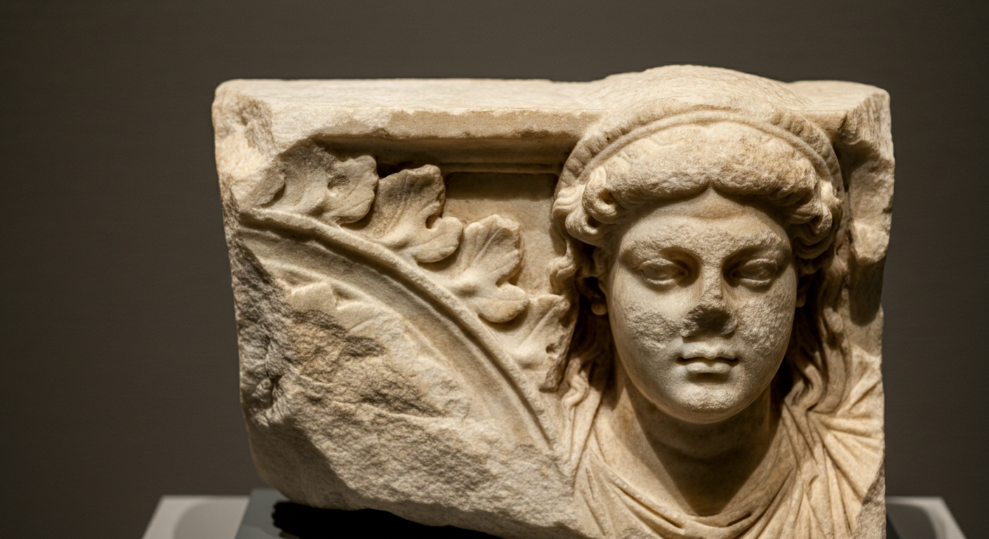 Close up detail of an ancient carved white marble relief or frieze fragment. Authentic museum artifact photography.