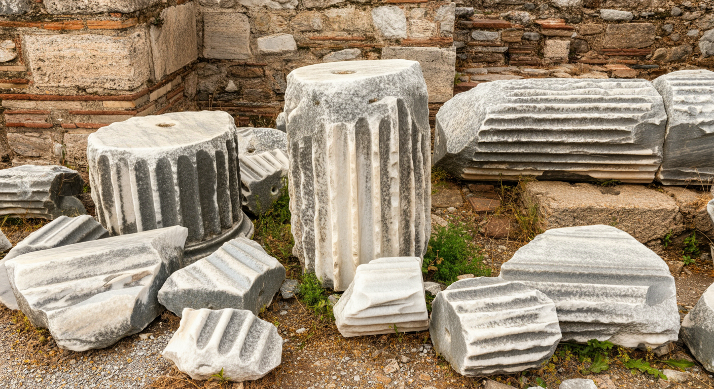View of the Mausoleum at Halicarnassus archaeological site. Ancient white marble fragments on the ground. Authentic historic travel photography.