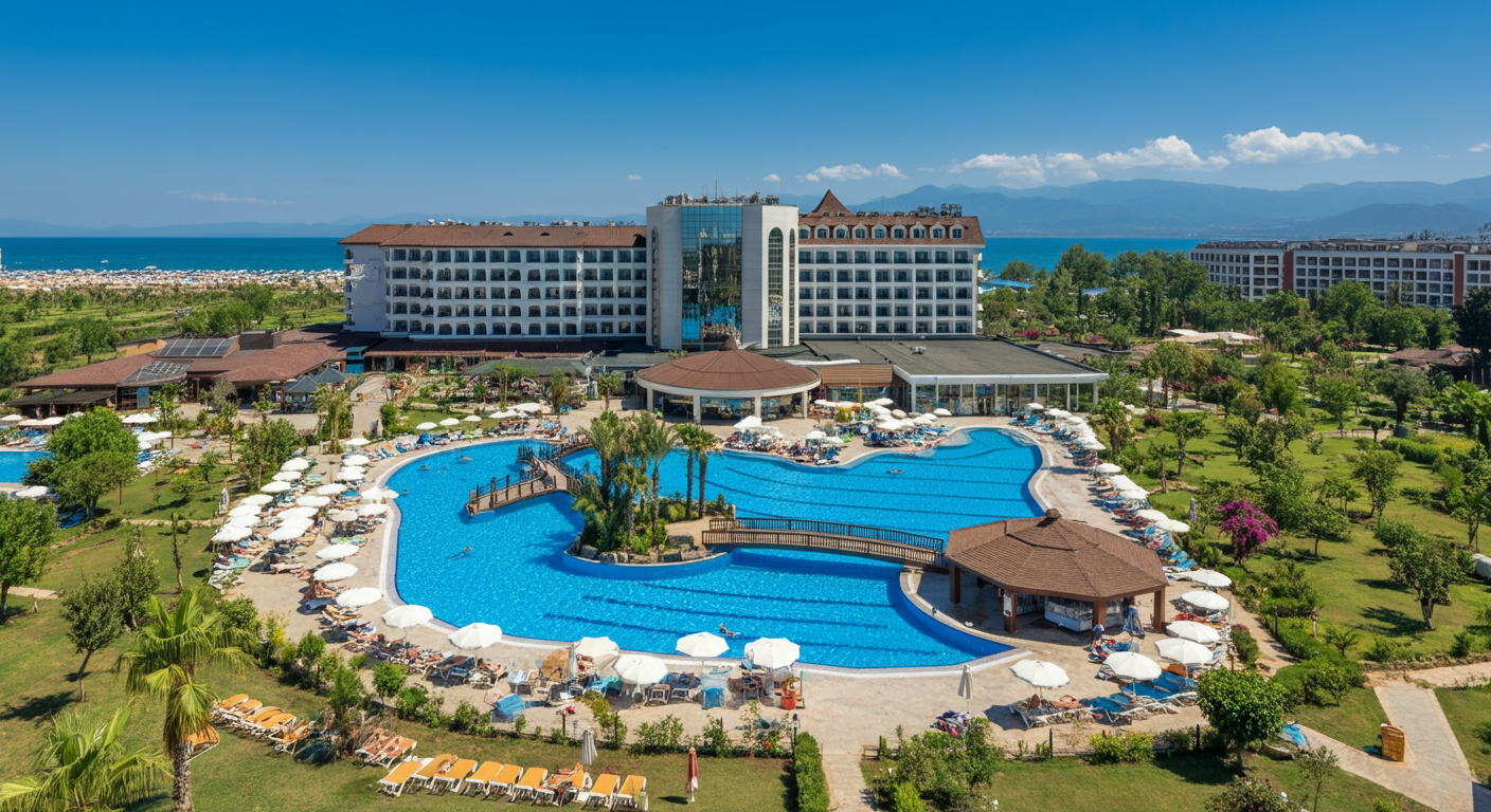 High angle view of a large, well-designed all-inclusive resort in Antalya. multiple pools, gardens, beachfront. Shows scale and facilities. Realistic, not a 3D render.
