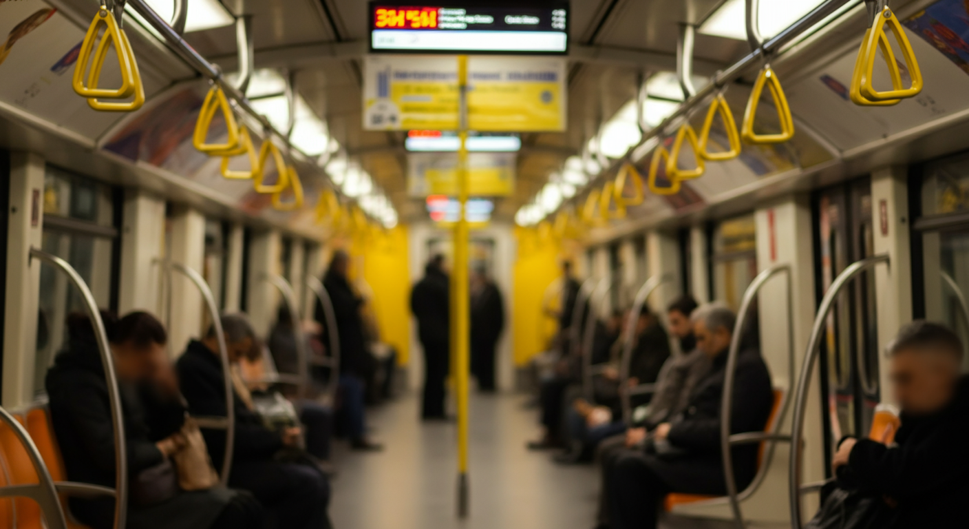 Interior of a modern, clean metro train in Istanbul. Commuters sitting and standing (blurred faces). Bright, cool lighting. Digital display showing stops. Authentic urban transport atmosphere.