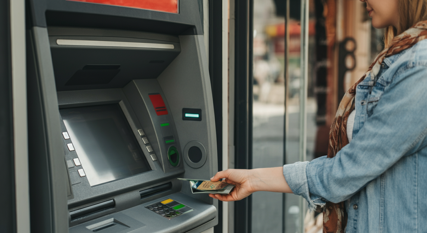 A tourist withdrawing cash from a modern bank ATM in Istanbul street. Daytime. Screen visible (blurred details). Authentic travel documentary style. Realistic lighting.