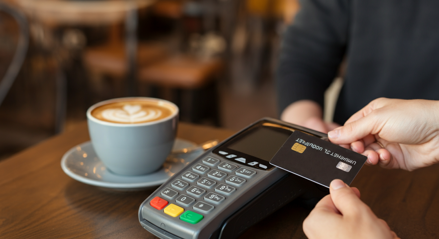 A photo of a contactless payment at a cafe in Turkey. Hand holding credit card tapping on POS machine. Coffee in background. Authentic first-person perspective.