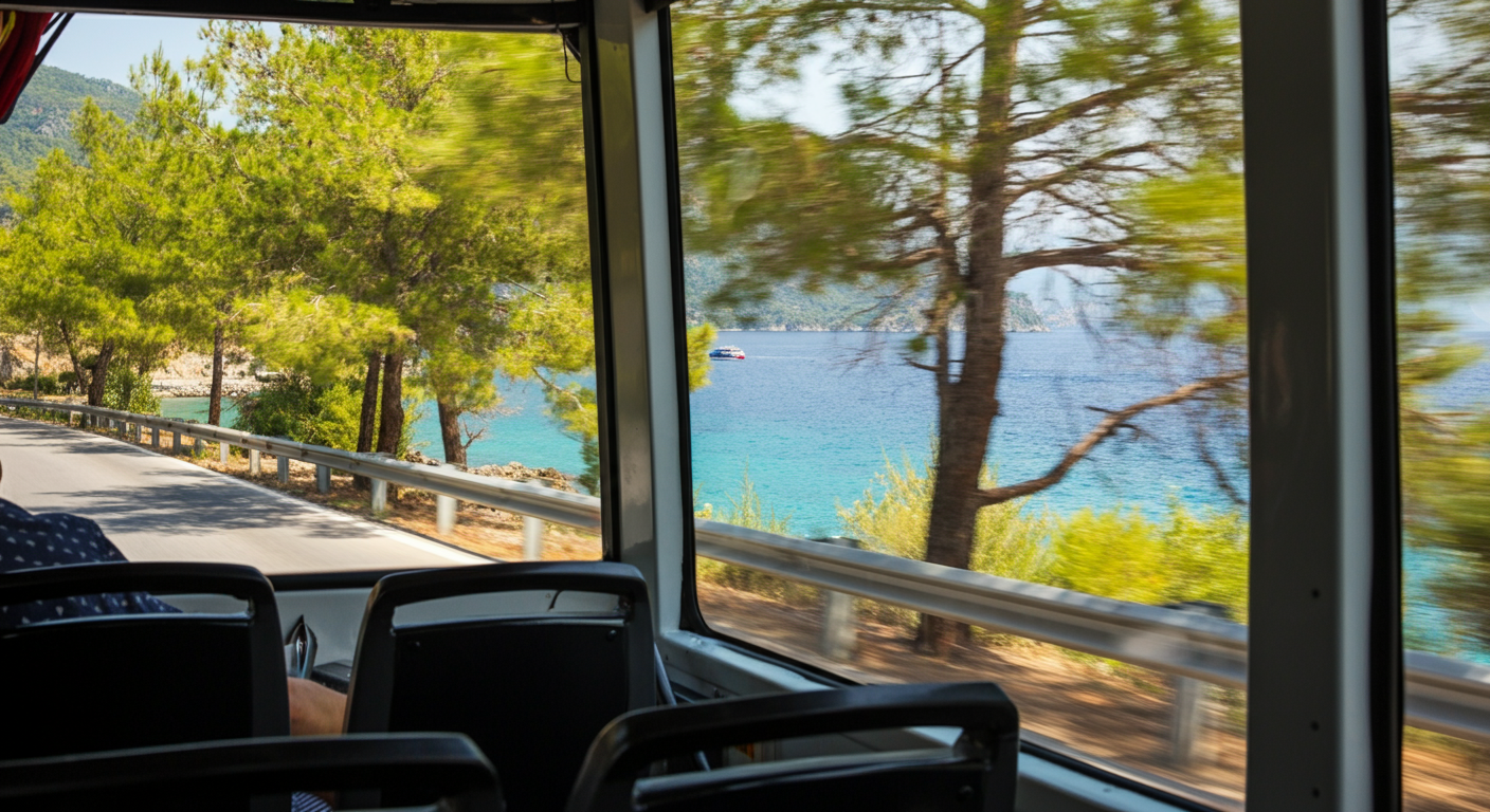 A view from inside a bus/dolmus arriving at Ölüdeniz. Sea view visible through the window. Road with pine trees. Authentic traveller perspective.