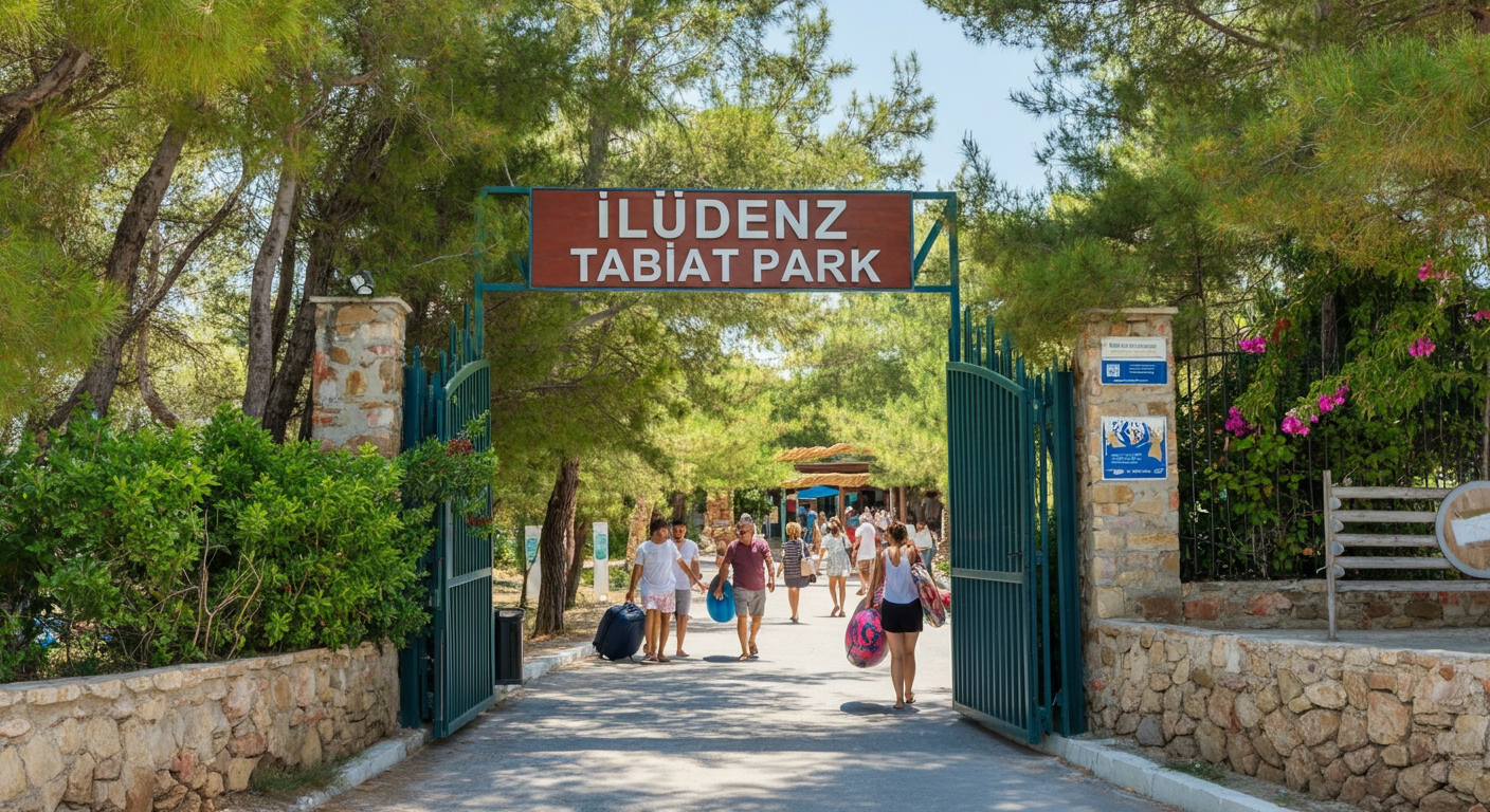 The entrance gate area of Ölüdeniz Tabiat Parkı (Nature Park). Signage, people walking in with beach gear. Bright daylight. Authentic travel logistics shot.