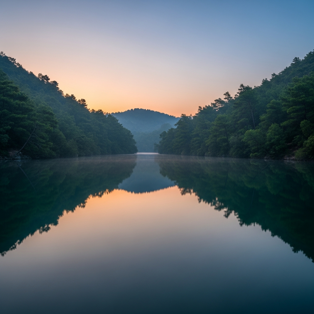 Sabahın çok erken saatlerinde dalgasız, pürüzsüz ve ormanlarla çevrili sakin Kumburnu lagünü manzarası