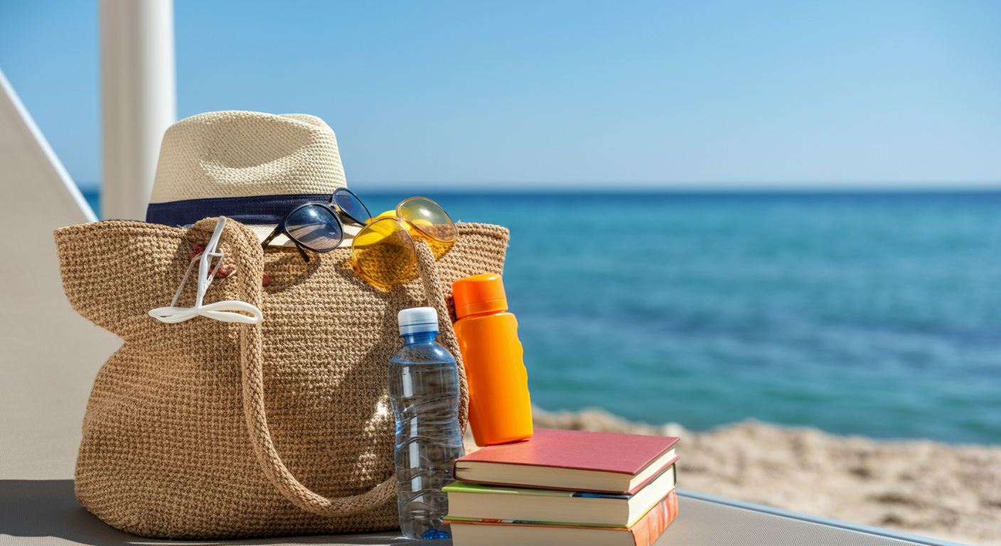 A beach bag with essentials spilling out on a sun lounger. Hat, book, sunscreen, water bottle. Sea in background. Authentic holiday vibe. Realistic colors.