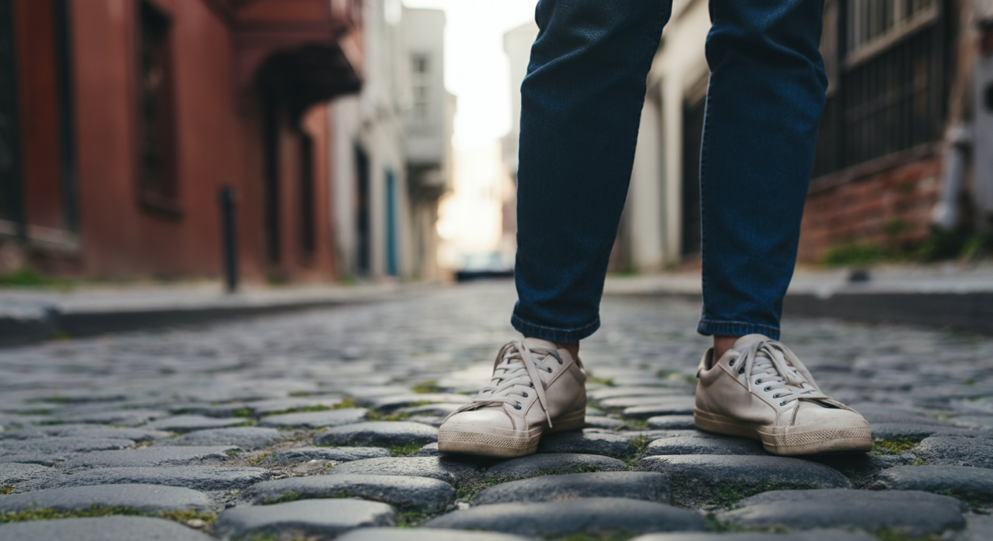 A close-up shot of feet wearing comfortable stylish walking trainers on a cobblestone street in Istanbul. Authentic travel perspective. Soft focus background.
