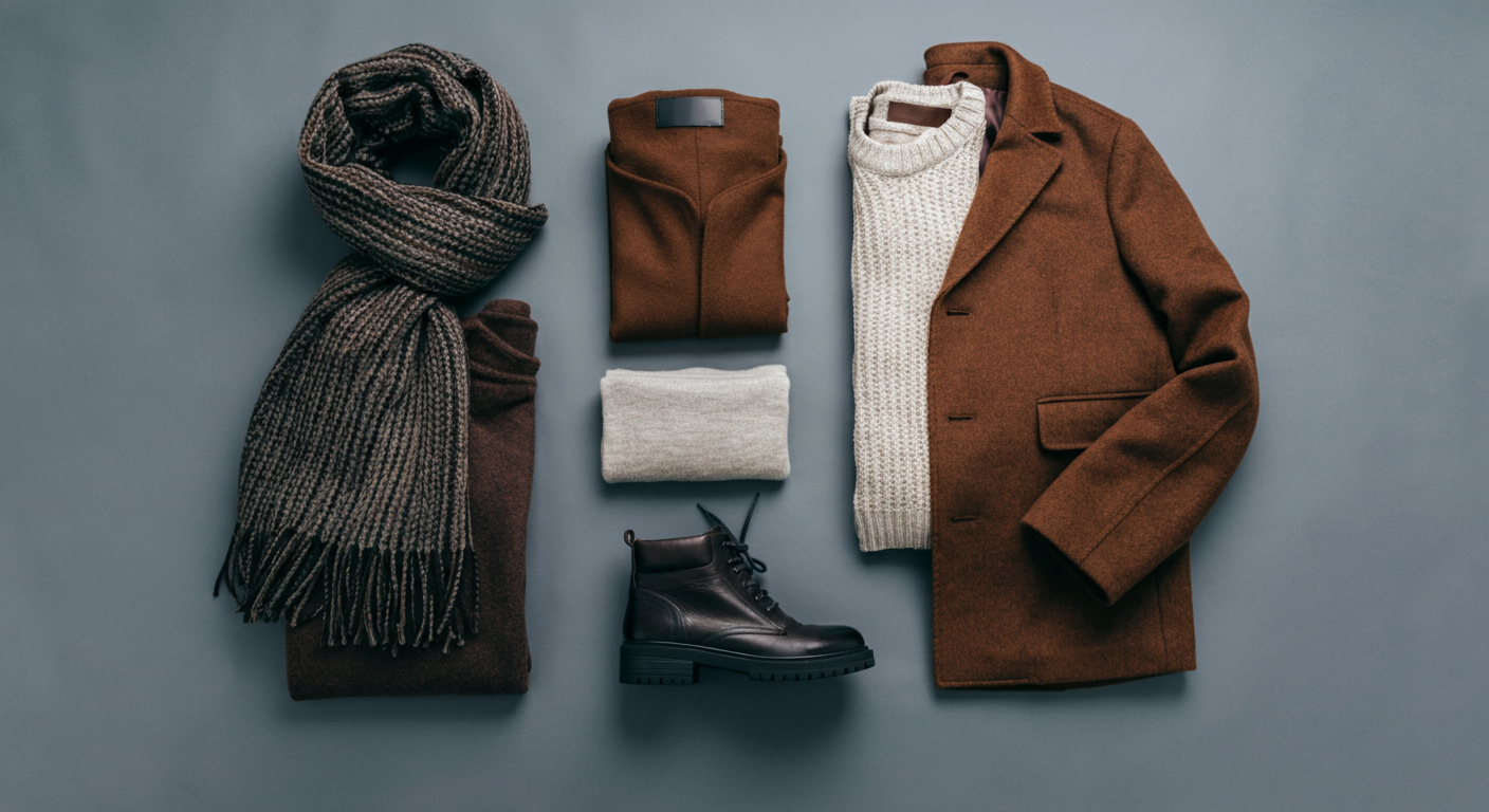 Flat lay of packing for December in Turkey. A warm coat, stylish scarf, comfortable leather boots, wool sweater. 'Winter city break' packing style. Authentic photo.