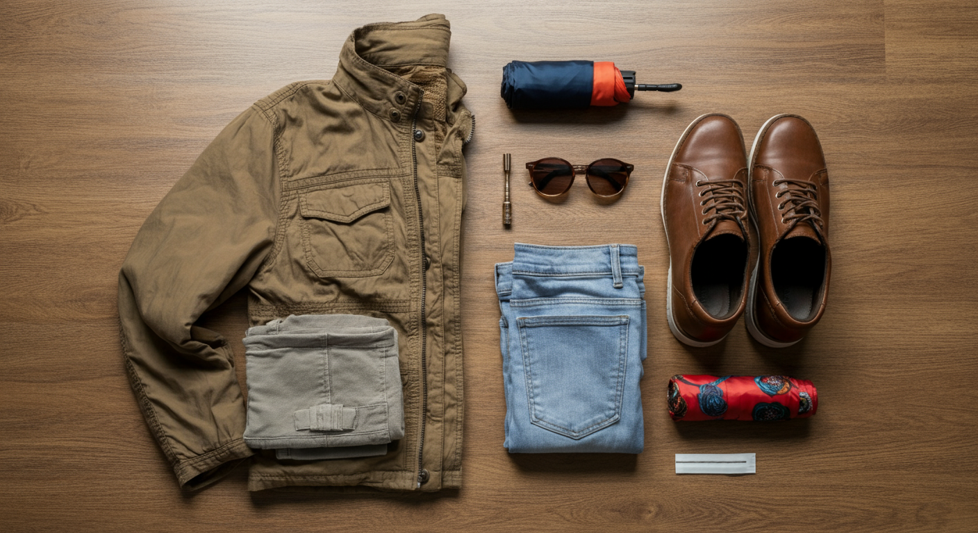 Flat lay of packing for October in Turkey. A light jacket, comfortable walking shoes, sunglasses, and a compact umbrella. 'Prepared but light' vibe. Authentic travel style.
