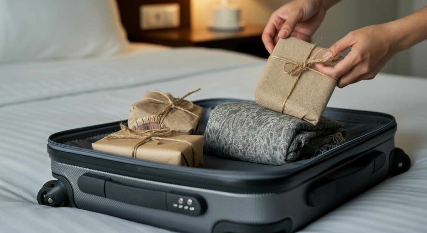 A neatly packed suitcase on a hotel bed, with a few wrapped souvenirs (ceramics/textiles) being carefully placed inside. 'Travel safe' concept. Organised and calm.