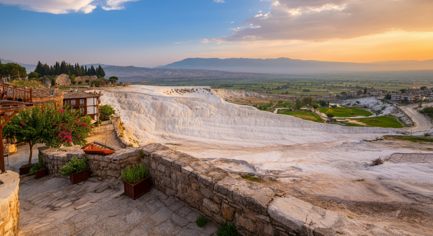 View of Pamukkale travertines from the village town below. Small hotels, local streets. Authentic Turkish village atmosphere. Sunset light. Realistic.