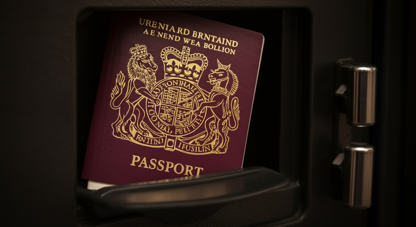 A close-up highly realistic shot of a British passport in a travel pouch or safe inside a hotel room. Authentic travel security vibe. Soft lighting, detailed texture of the passport. Not a stock photo.