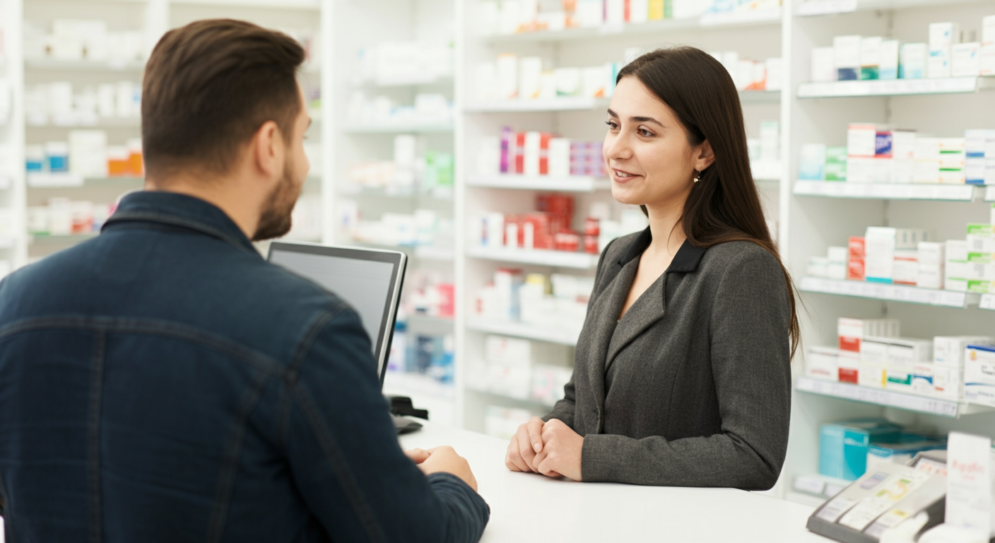 A friendly Turkish pharmacist speaking with a customer (tourist) at the counter. Professional, clean pharmacy interior. Helpful, calm atmosphere. Authentic interaction.
