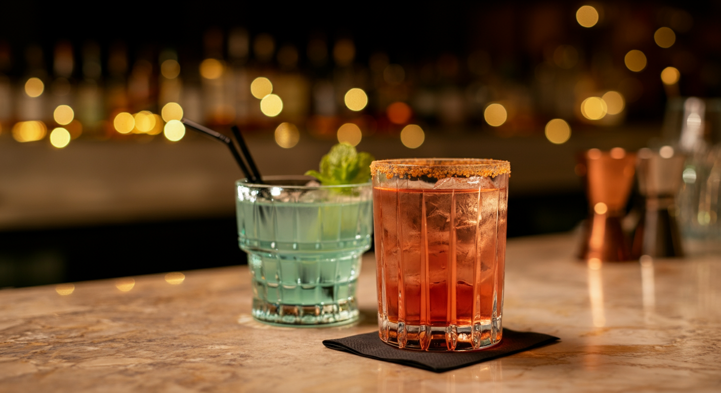 Close up of two beautifully garnished premium cocktails on a marble bar top. Blurred resort lights in background. Focus on quality and freshness. Authentic drink photography.
