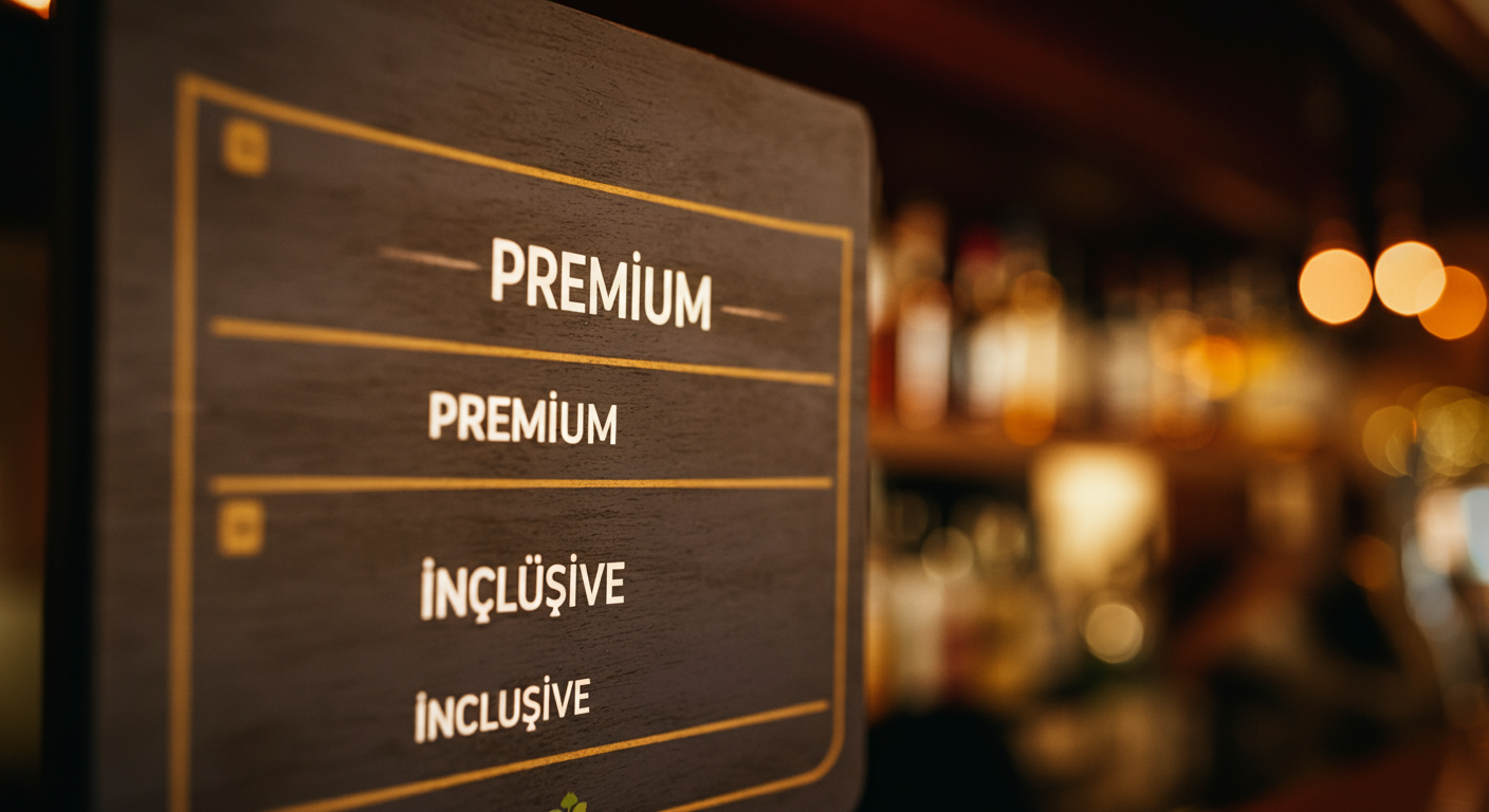 Close up view of a resort bar menu (or sign) in Turkey showing 'Premium' section vs 'Inclusive' section. Authentic bar detail. Soft lighting, realistic travel photography.