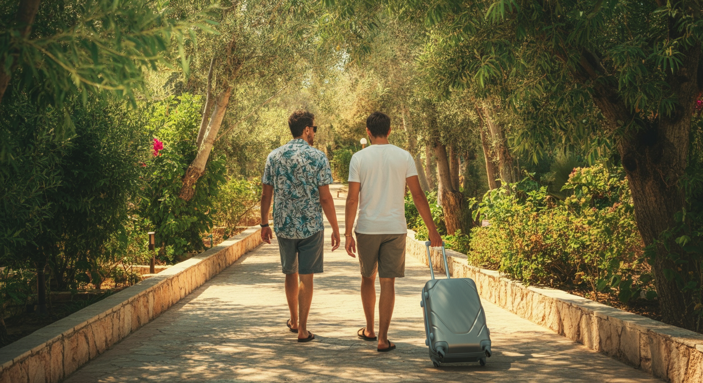 A couple walking away from the camera down a lush, sun-drenched path in a Turkish holiday resort. Luggage rolling beside them. Dappled sunlight through trees. Relaxed, peaceful atmosphere. , cinematic composition, authentic holiday feeling.