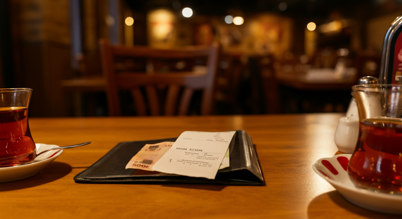 A Turkish restaurant table with a bill folder and a small cash tip left on top. Tea glasses nearby. Warm, inviting atmosphere. Authentic dining etiquette. Realistic lighting.