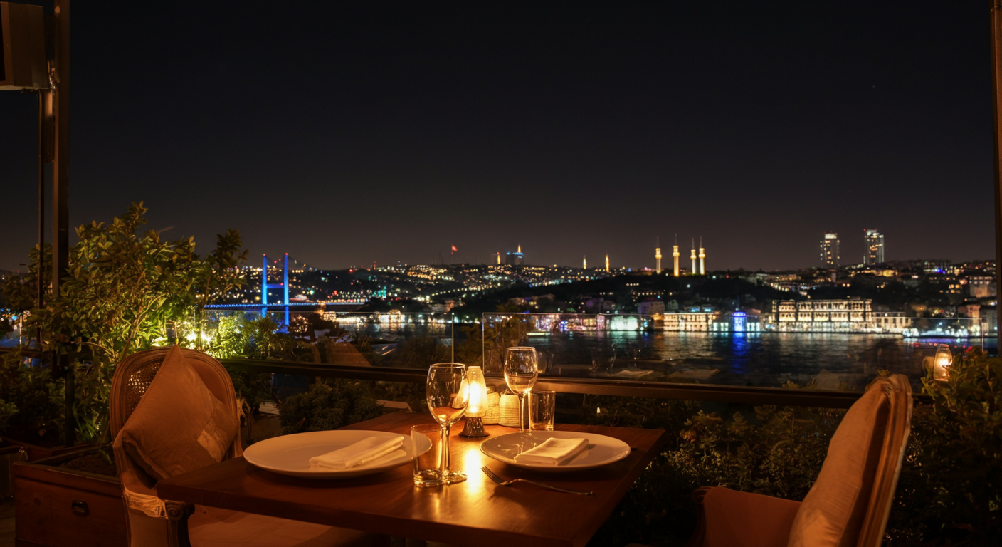 Dining at a rooftop restaurant with a view of the Bosphorus or city lights. Elegant but accessible. 'Treat night' atmosphere. Soft evening light. Authentic travel experience.