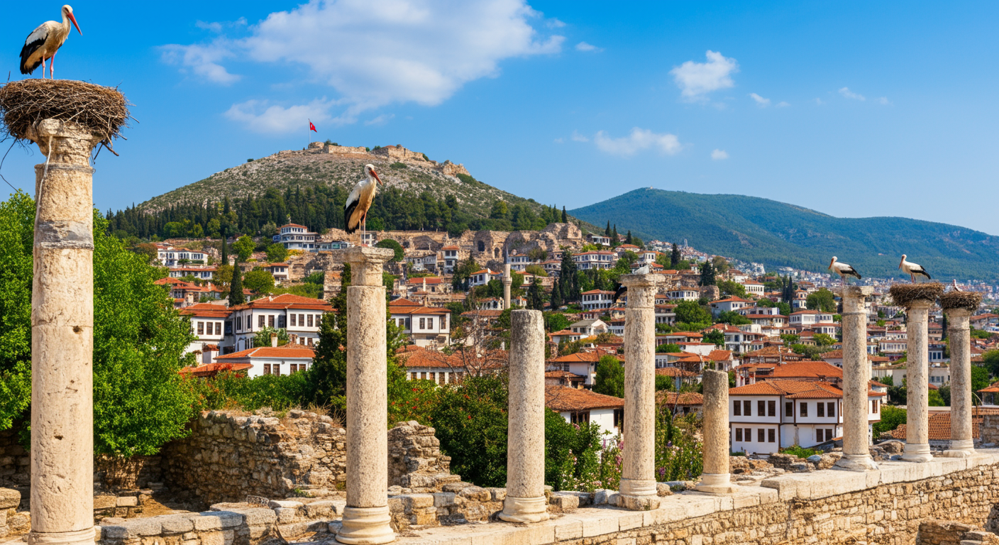 View of Selcuk town with the Basilica of St. John ruins on the hill. Sleepy Turkish town atmosphere. Storks nesting on pillars. Authentic travel photo. Bright daylight.