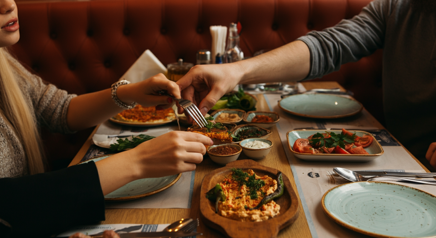 A table at a Turkish restaurant with shared meze plates. Friends reaching for food. Social dining atmosphere. Authentic food photography style. inviting.