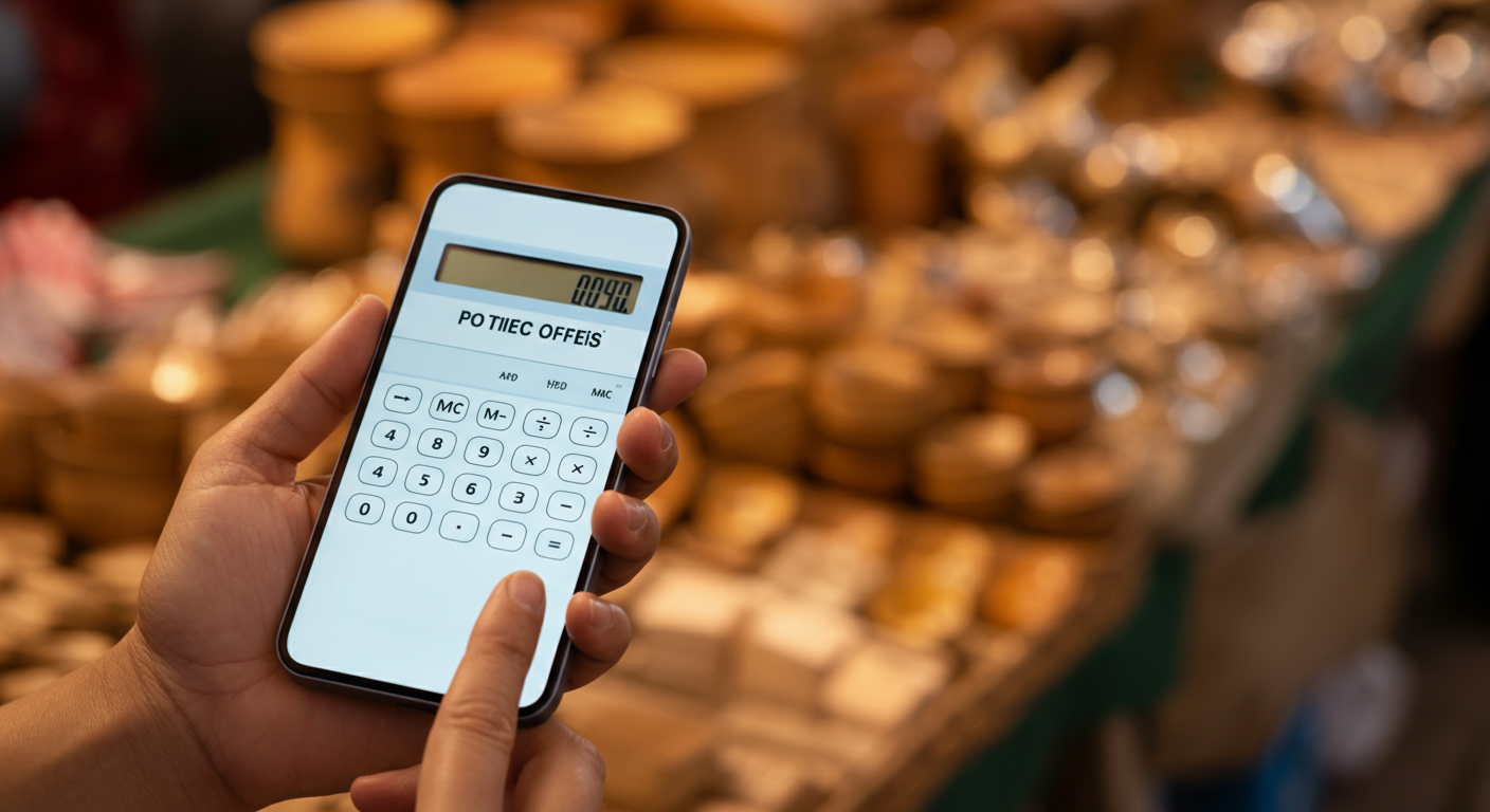 Close up of a hand holding a smartphone showing a calculator screen with a price, suggesting a polite offer in a market. Blurred background of market wares. Helpful, clear communication style. Authentic detail.