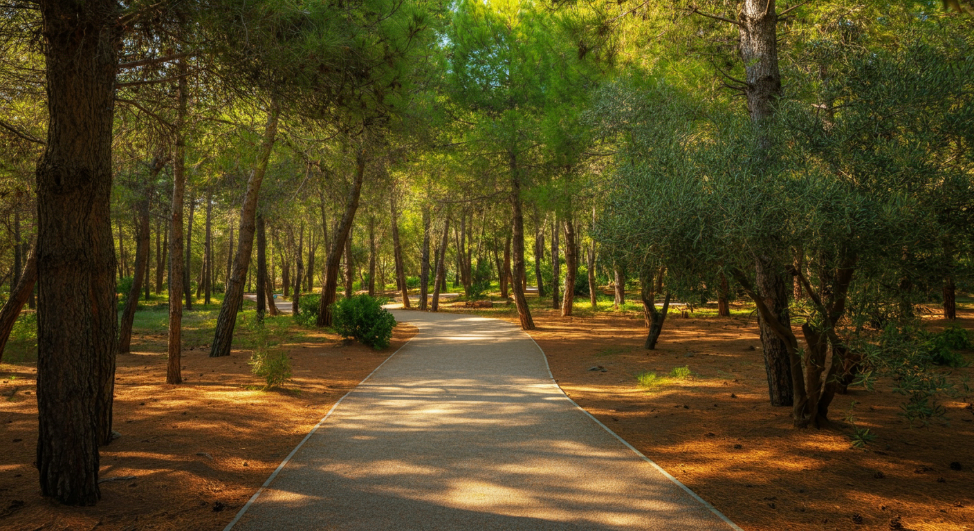 A peaceful walking path in Sorgun pine forest, near Side. Green trees, soft sunlight filtering through. Calm tranquil atmosphere. Authentic nature photo.