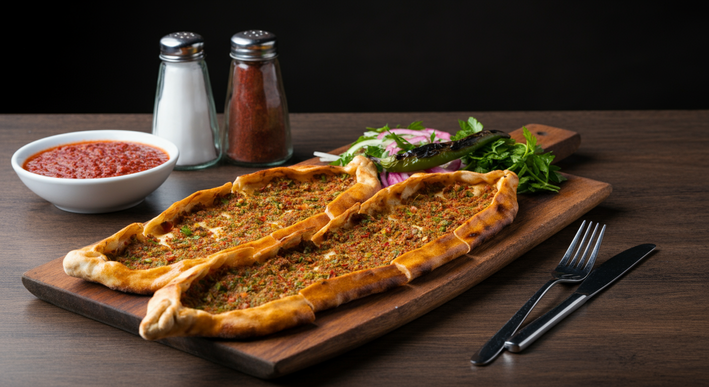 A delicious, simple Turkish meal (like Pide or Lahmacun) served on a wooden board. Fresh, authentic local food photography. Sharp focus, natural colours. Inviting.