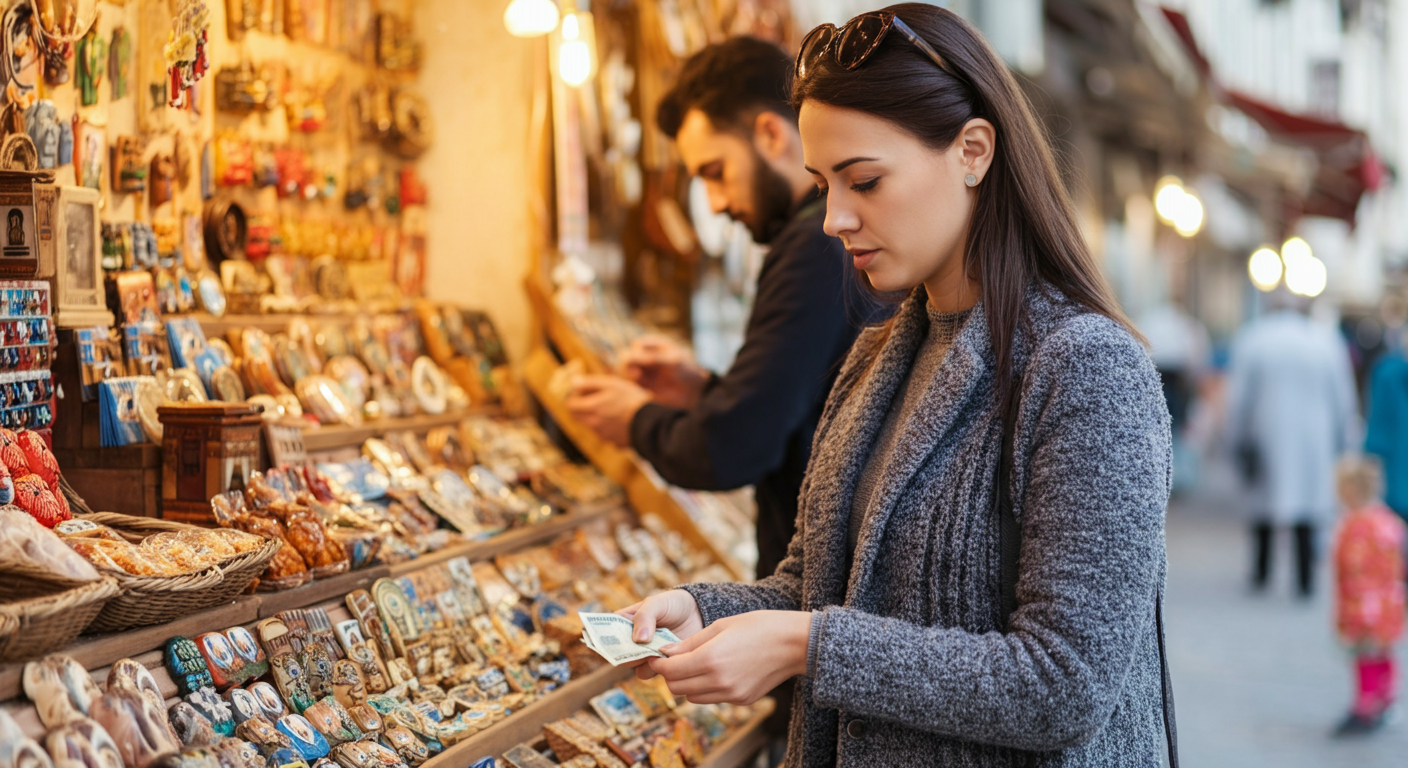 A tourist buying a small item (like a magnet or snack) with cash at a Turkish market stall. Quick, easy transaction. Authentic market detail. High resolution.