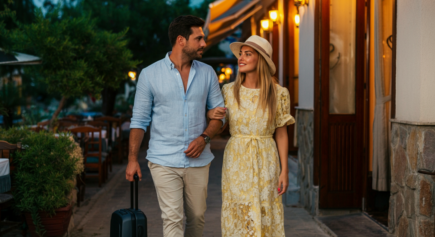 A couple dressed in smart-casual summer outfits walking to a restaurant in a Turkish resort town. Respectful but holiday-appropriate. Evening light. Authentic travel fashion style.