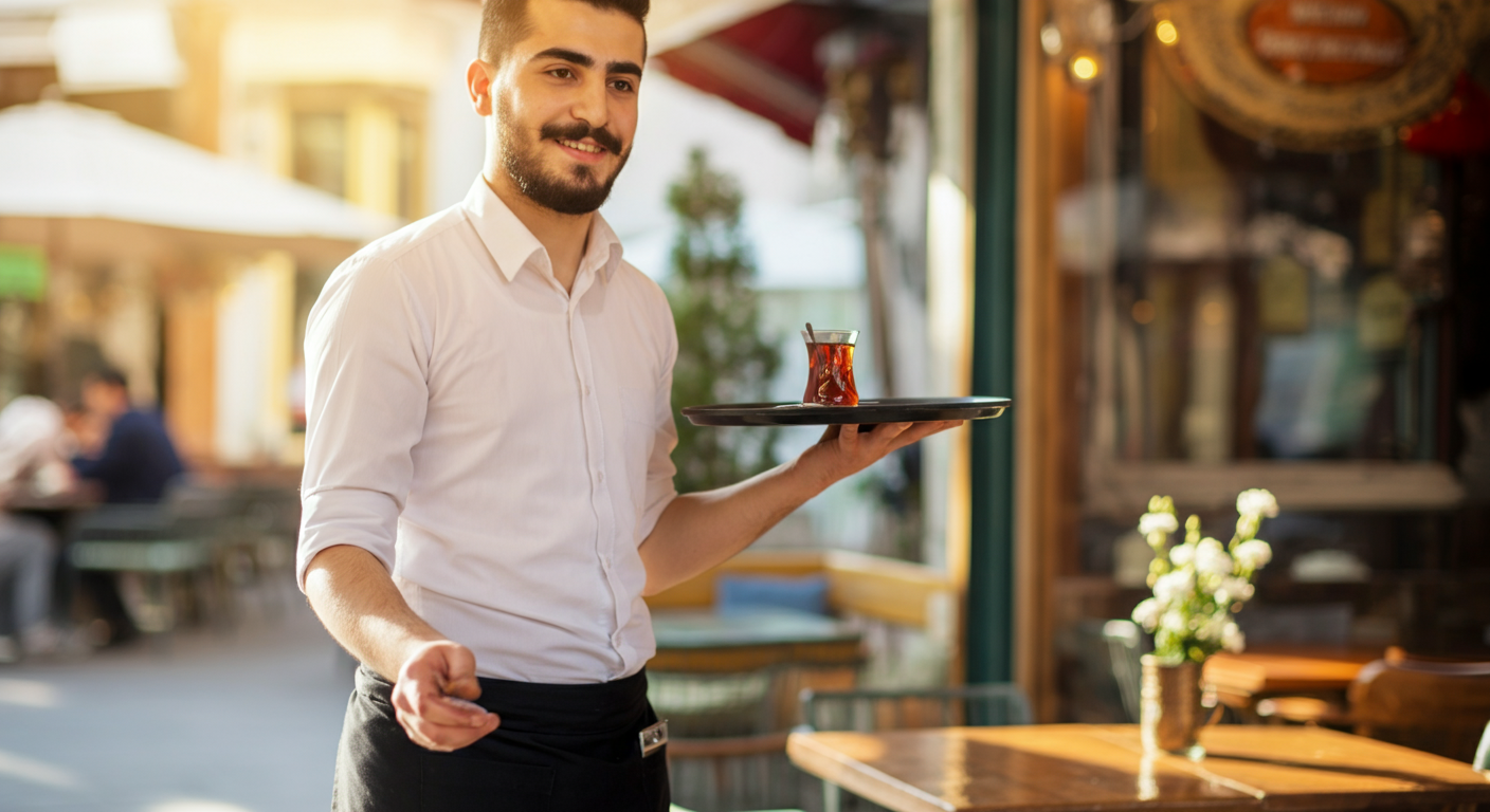 A friendly Turkish waiter serving tea on a tray with a genuine smile. Blurred background of a sunny cafe. Authentic hospitality. Warm, human connection found in travel.
