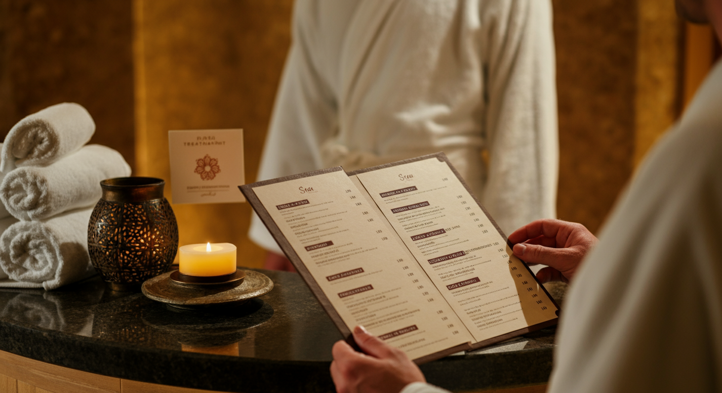A guest looking at a spa treatment menu in a relaxing Turkish hotel spa reception. Focus on the list of services. Calm atmosphere, soft towels background. Authentic wellness photo.