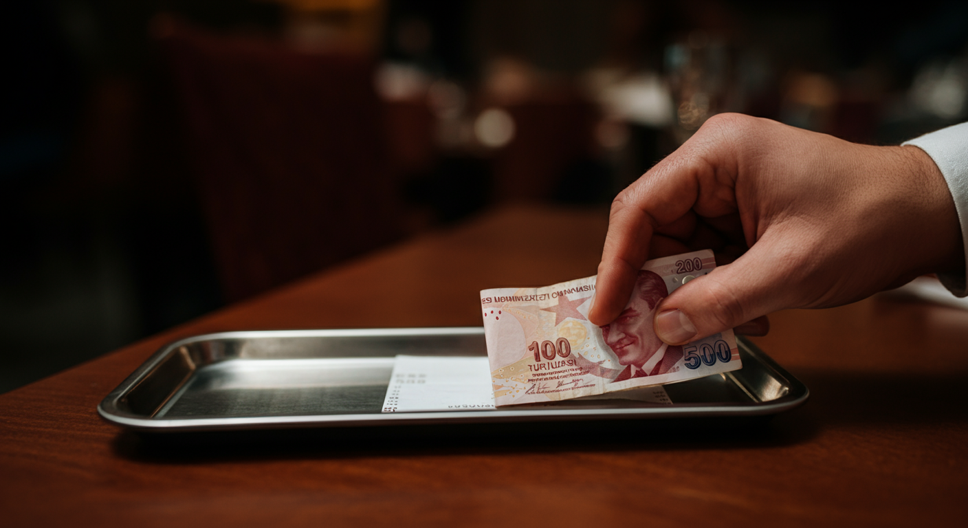 A close-up of a hand placing a small Turkish Lira tip (banknotes) on a restaurant bill tray. Elegant lighting. Authentic travel detail. High resolution, shallow depth of field.