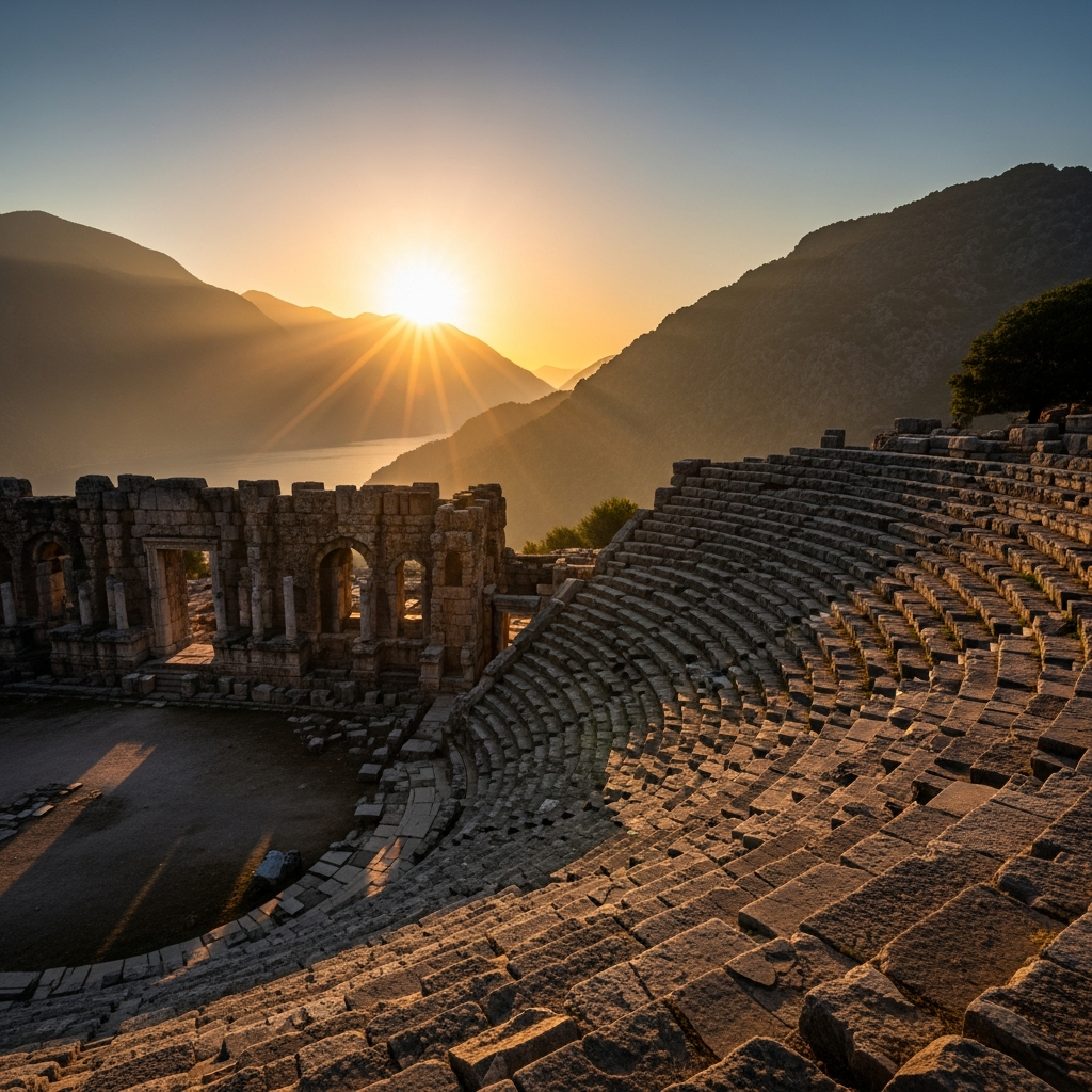 Tlos antik tiyatrosunun merdivenleri ve dağların ardından doğan görkemli yaz güneşi