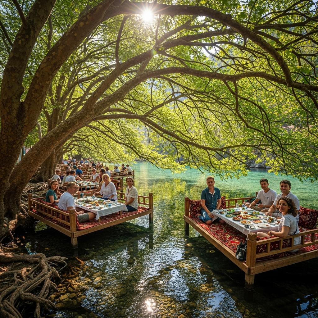 Yakapark ulu çınar ağaçları altında su üzerindeki ahşap sedirler ve yemek yiyen yabancı turistler