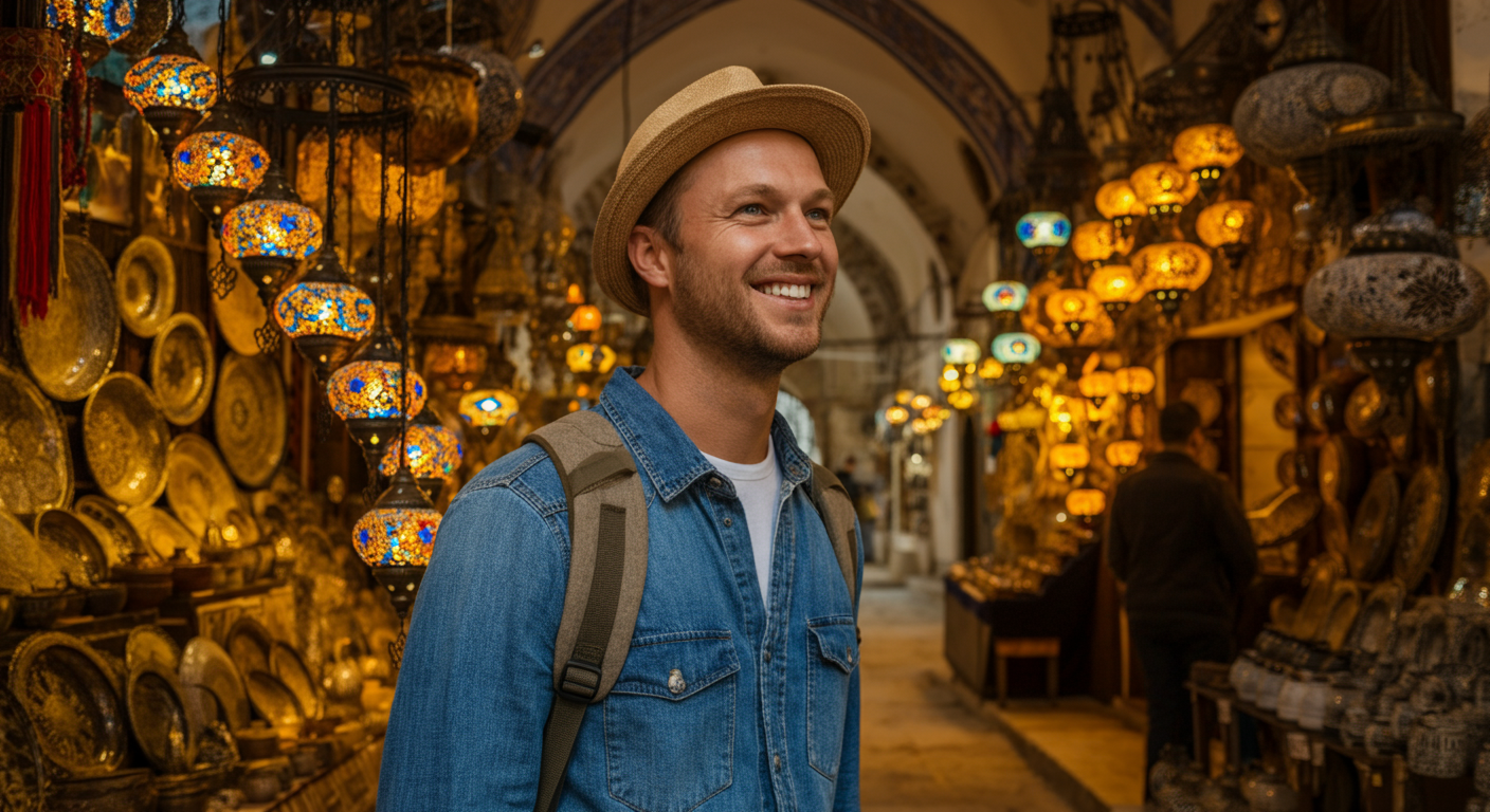 A UK tourist happily browsing a Turkish bazaar/market. Walking past stalls with hanging lamps or crafts. Warm, atmospheric lighting. Authentic travel vibe. No posing.
