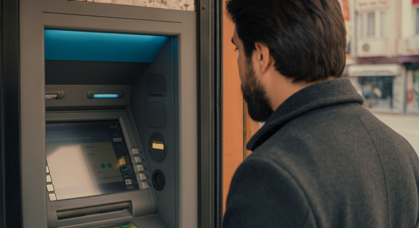 Over-the-shoulder view of a tourist at an ATM in Turkey, looking at the screen carefully. Screen shows transaction options. Calm, focused. Authentic travel finance moment. City background.