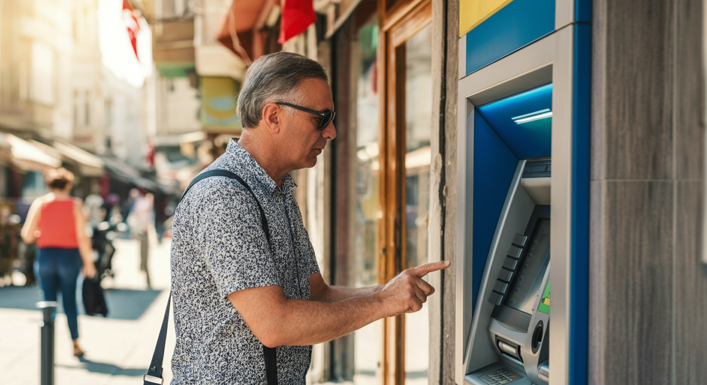 A UK tourist calmly using a modern bank ATM in a Turkish city street. Sunny day. Paying attention to screen. Authentic urban travel photography. Realistic details.