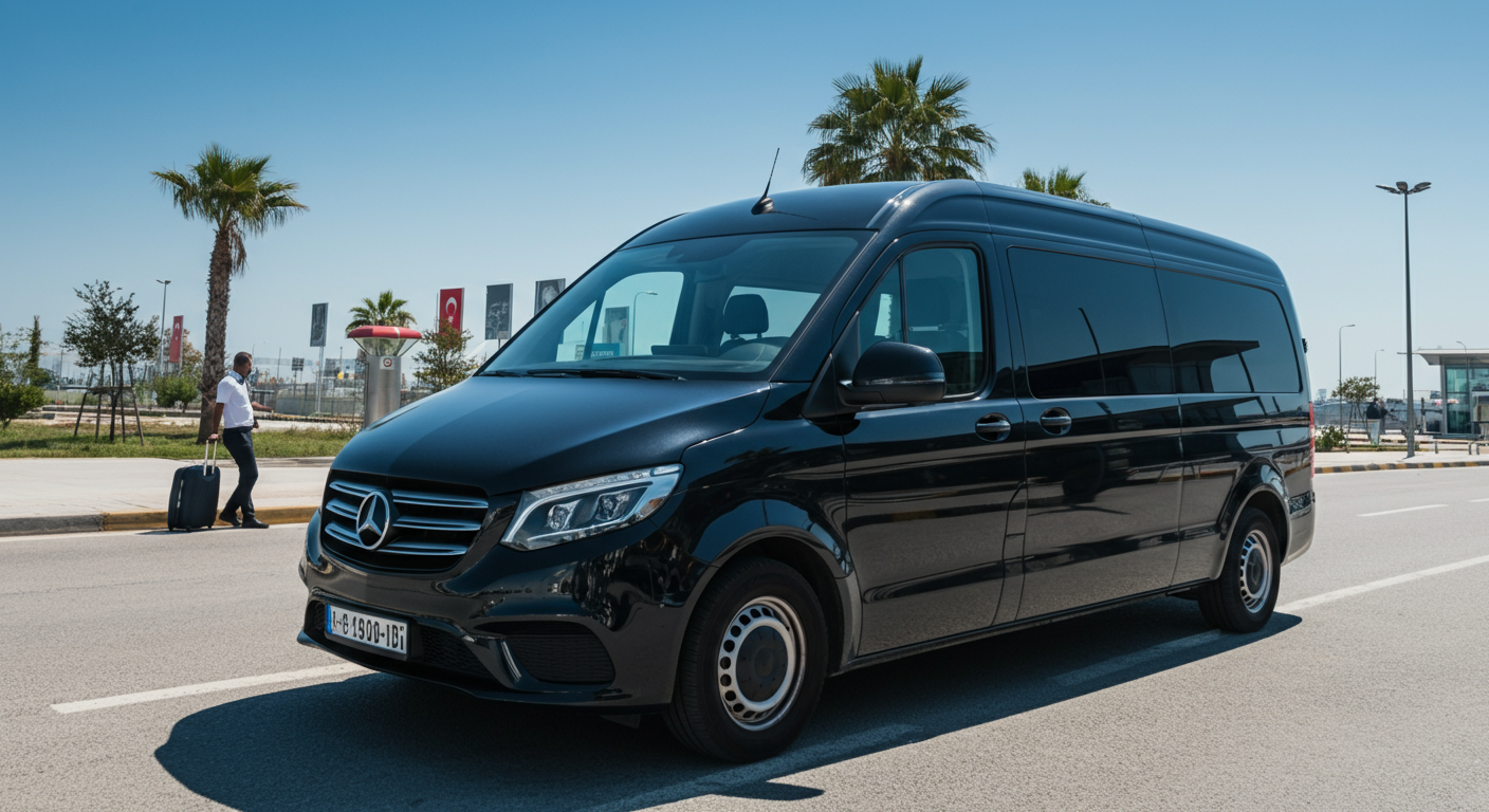 A sleek black transfer van waiting curbside at a sunny Turkish airport. Driver standing casually nearby (blurred faces). Blue sky, palm tree in background. , high contrast, sharp focus on the vehicle reflecting the sun. Authentic travel logistics.