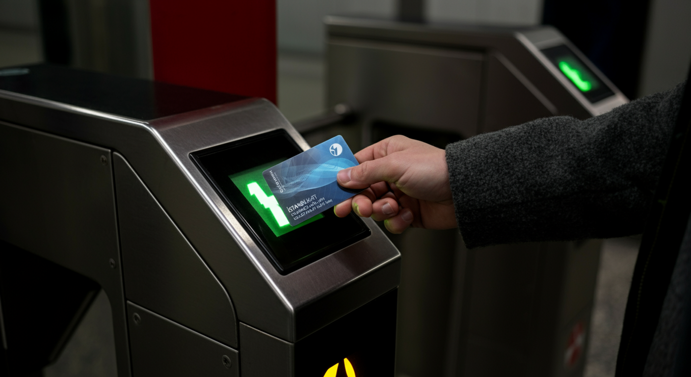 A close-up of a hand holding an Istanbulkart (transport card) at a metro turnstile. Focus on the card. Authentic commuter perspective. Realistic depth of field.