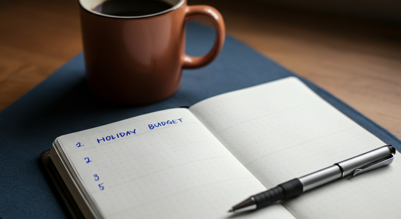 A close-up of a travel journal open on a table with a pen, showing a handwritten list titled 'Holiday Budget'. Coffee cup nearby. Authentic planning vibe. Soft, natural lighting. High quality.