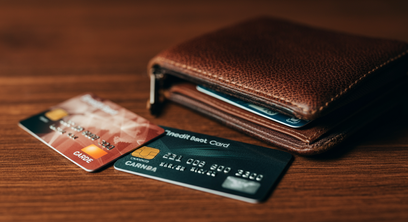 Two bank cards (one main, one backup) lying next to a travel wallet on a wooden table. Authentic travel preparation vibe. Soft lighting, high detail, no visible brand names but clearly bank cards.