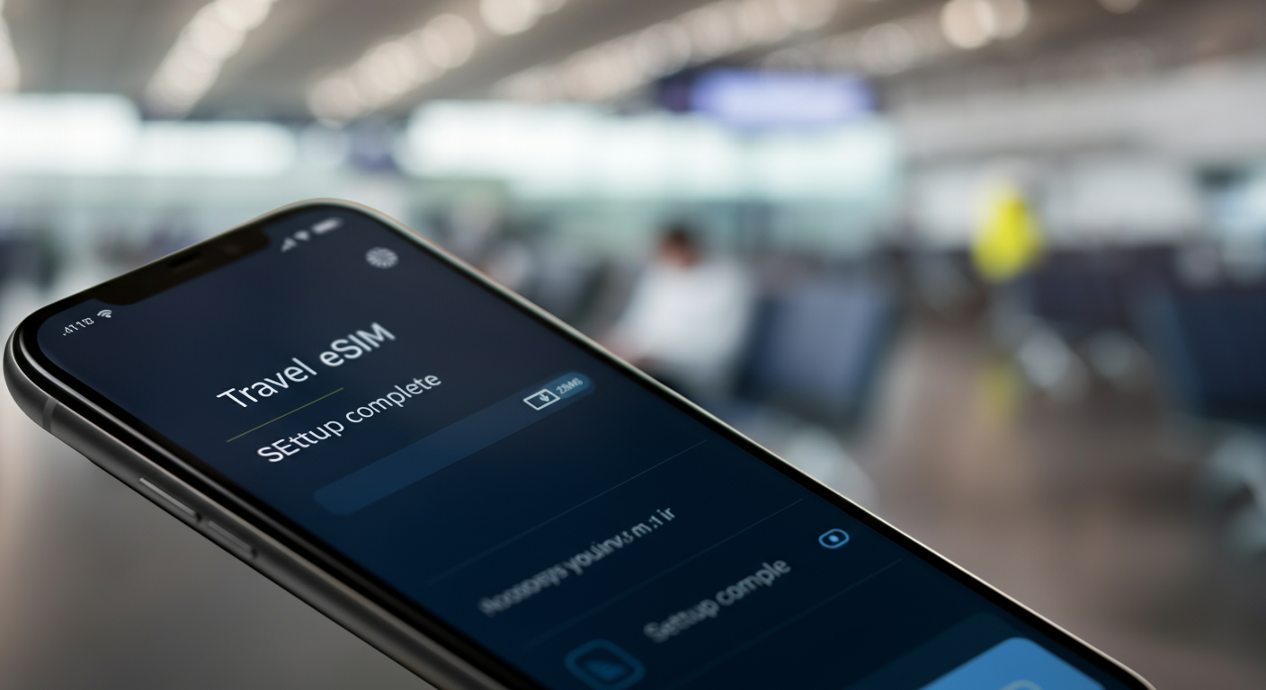 A close-up of a modern smartphone screen showing a 'Travel eSIM' setup complete notification. Blurred airport background. High tech, simple, authentic travel vibe. No text on screen if possible, just UI elements. High resolution.