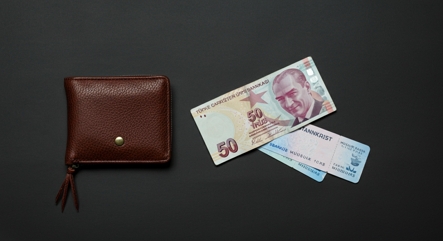 A stylish flatlay of travel essentials: a wallet, some Turkish Lira notes, a public transport card (Istanbulkart style), and museum tickets. Organized but natural. Authentic travel gear.