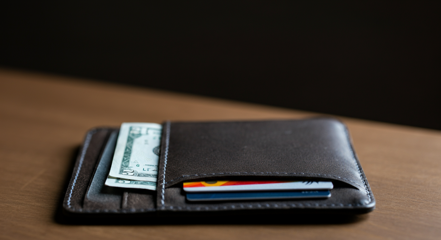 A neat travel wallet open on a table, showing a bank card in the front slot and a small amount of cash tucked behind. Organized, safe, stress-free travel vibe. Authentic everyday carry.