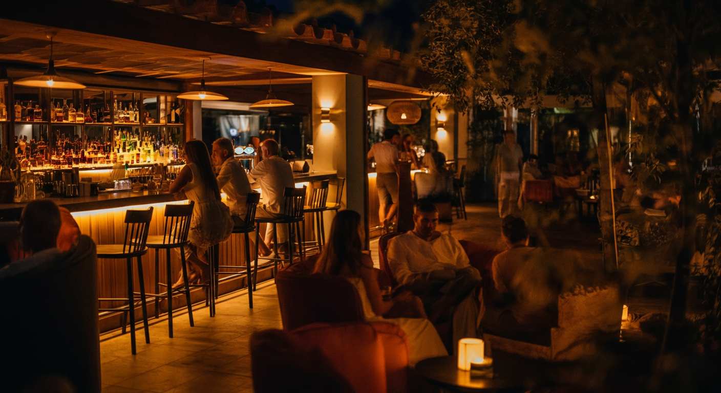 Evening atmosphere at a stylish adults-only hotel bar in Turkey. Soft lighting, people chatting, relaxed social vibe. Authentic travel photography. Realistic.