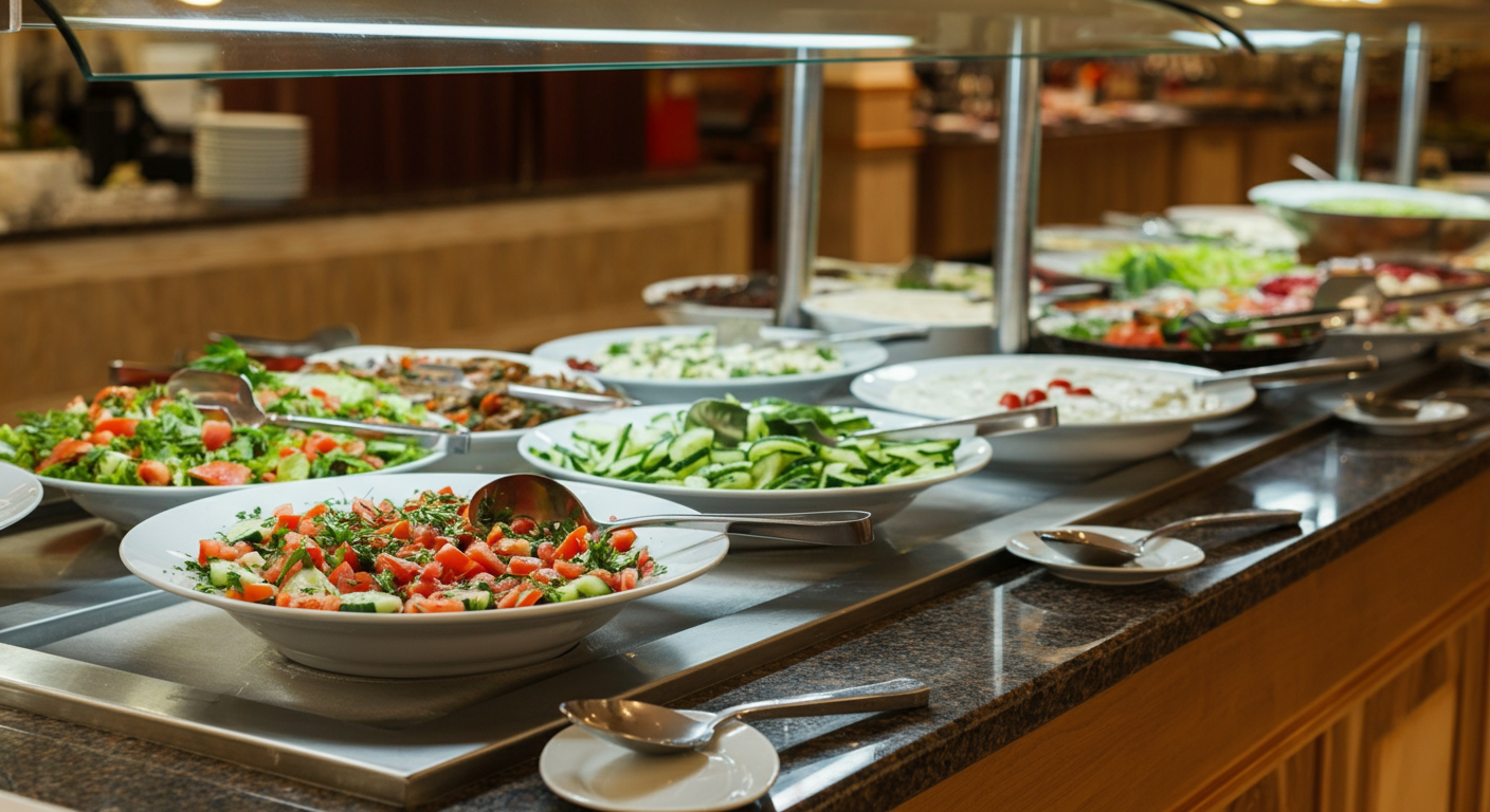 A generous buffet spread at a Turkish resort. Fresh salads, meze, and hot dishes. Clean and inviting. Authentic food photography. Realistic.